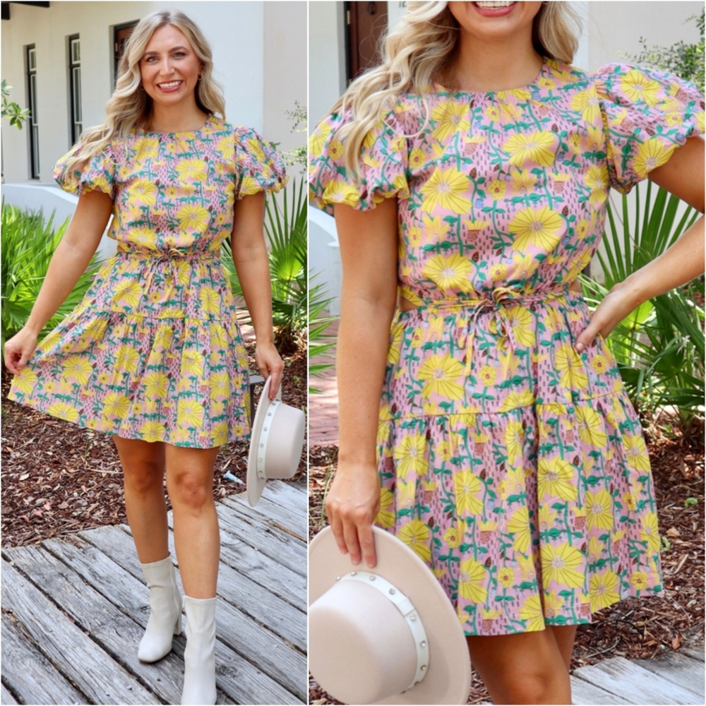 &merci Floral Puff Sleeve Open Back Stylish Pockets Multicolor Mini Dress Size M